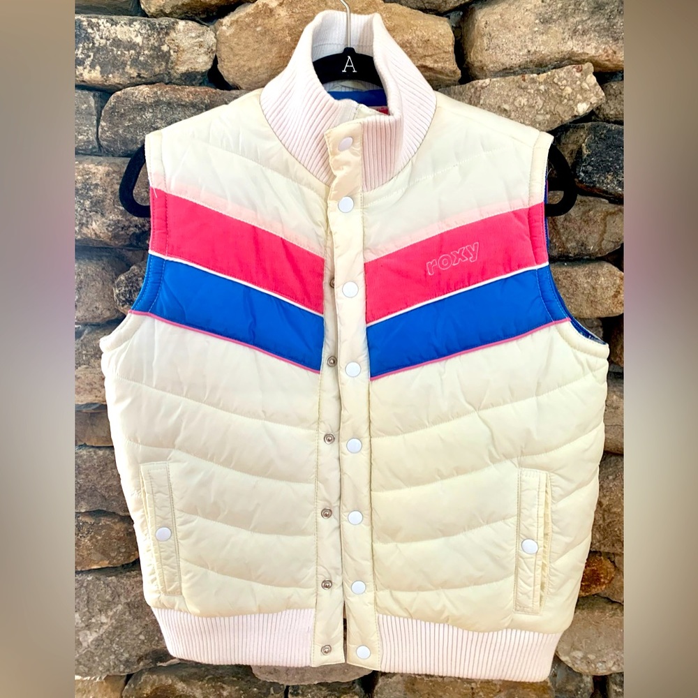 Roxy puffer vest. White, pink blue. Warm. Girls large